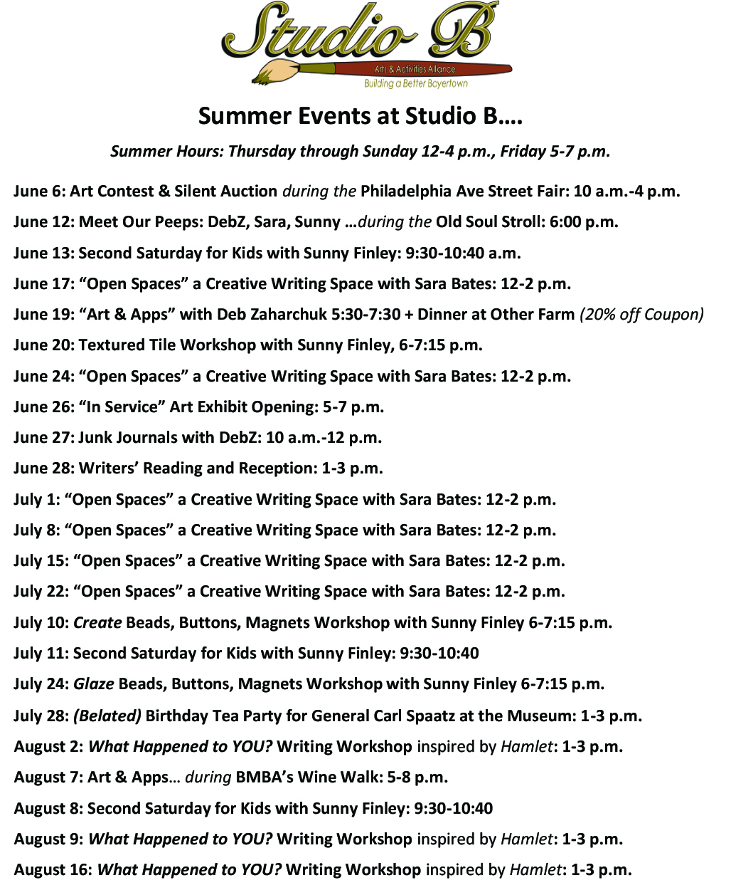 Summer Events at Studio B